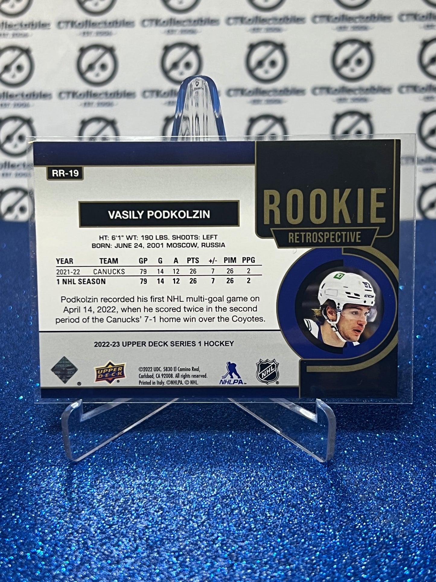 2022-23 UPPER DECK VASILY PODKOLZIN # RR-19 ROOKIE GOLD RETROSPECTIVE VANCOUVER CANUCKS HOCKEY CARD