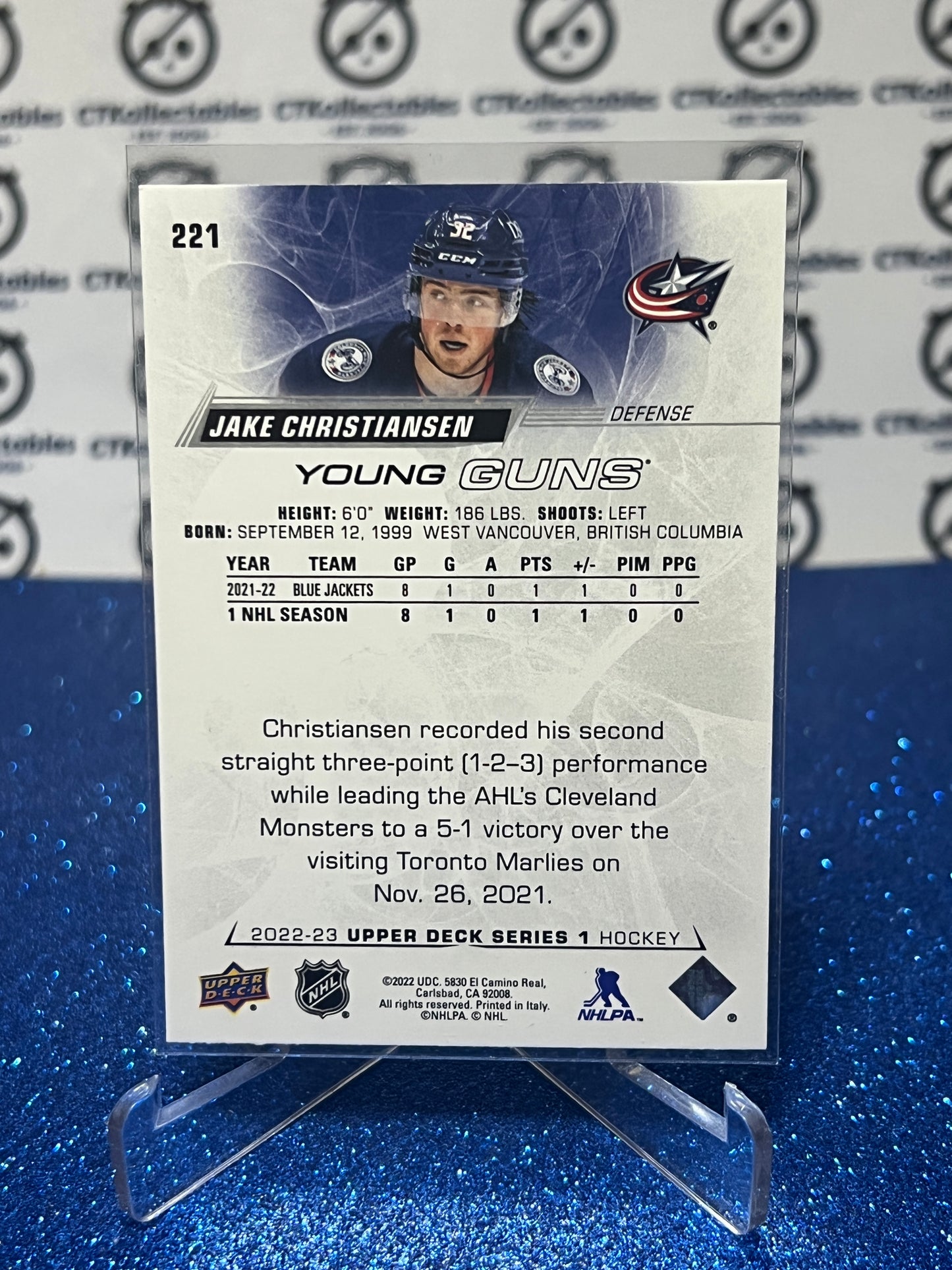 2022-23 UPPER DECK JAKE CHRISTIANSEN # 221 ROOKIE YOUNG GUNS BLUE JACKETS HOCKEY CARD