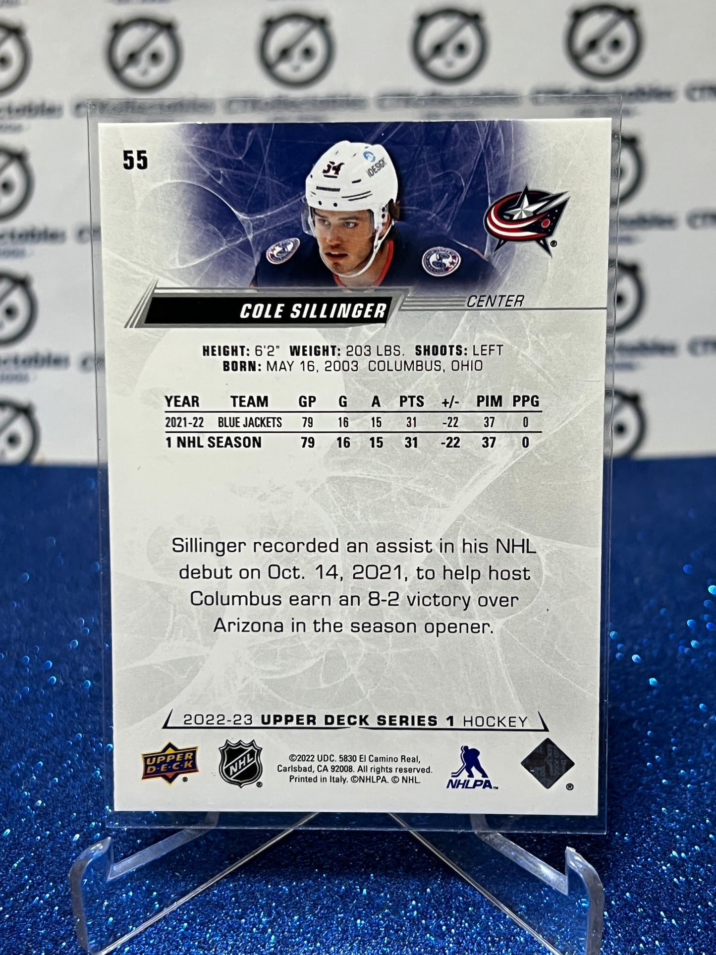 2022-23 UPPER DECK COLE SILLINGER # 55 ROOKIE BLUE JACKETS HOCKEY CARD