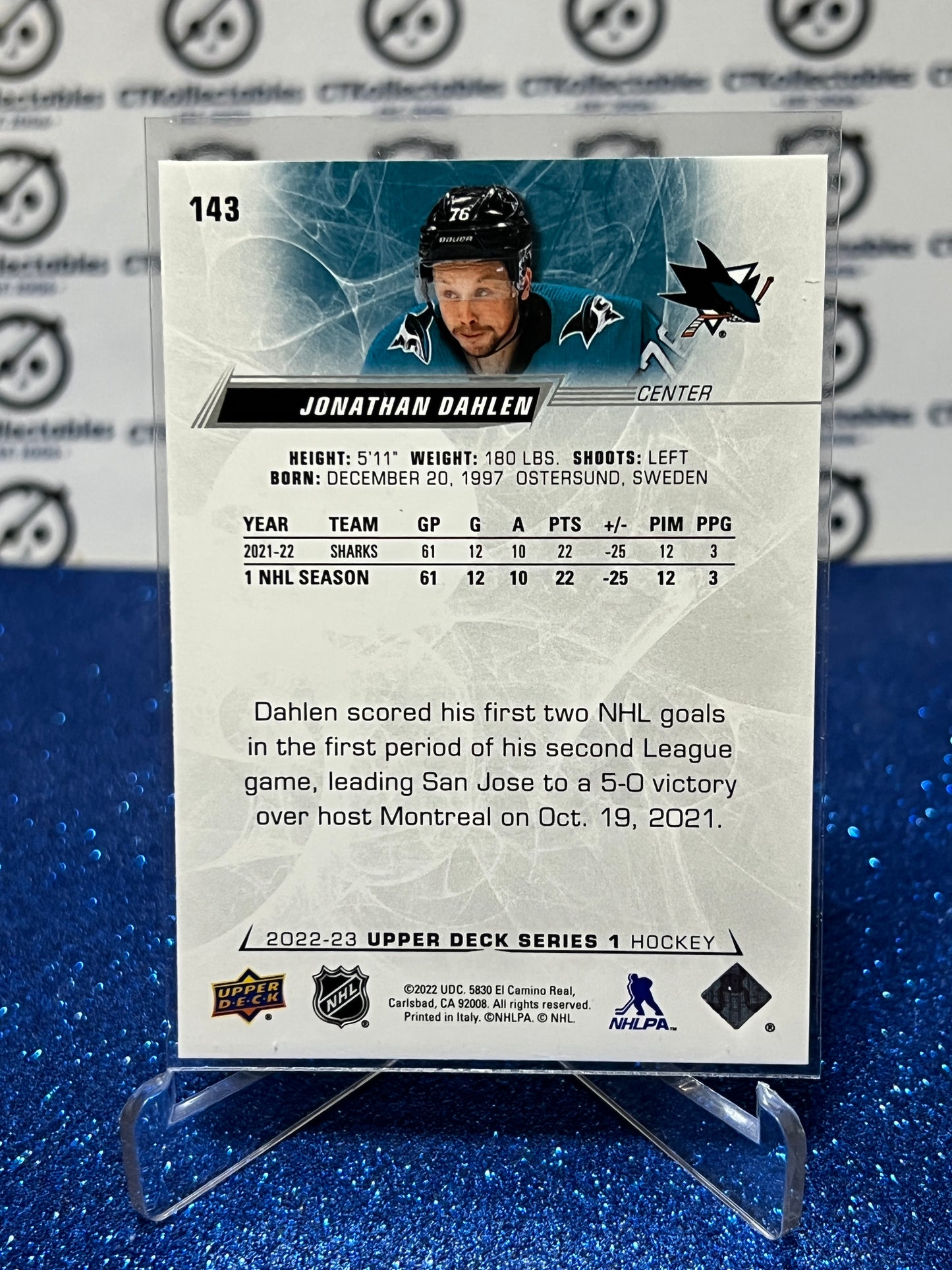 2022-23 UPPER DECK JONATHAN DAHLEN # 143 ROOKIE SAN JOSE SHARKS HOCKEY CARD