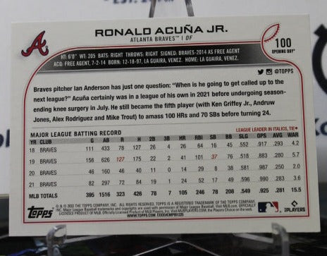2022 TOPPS OPENING DAY BASEBALL RONALD ACUNA JR. # 100 ATLANTA BRAVES