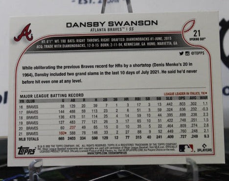 2022 TOPPS OPENING DAY BASEBALL DANSBY SWANSON # 21 ATLANTA BRAVES