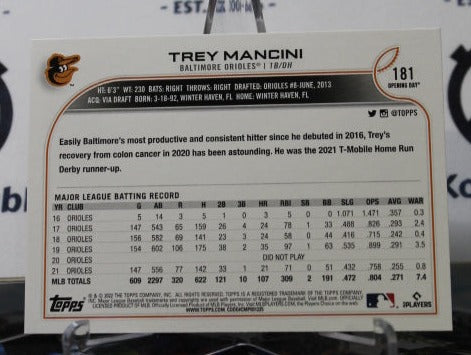 2022 TOPPS OPENING DAY BASEBALL TREY MANCINI # 181 BALTIMORE ORIOLES