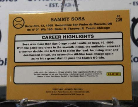 2021 PANINI DONRUSS SAMMY SOSA # 239 RETRO BLUE CHROME .534 SLUGGING PCT. CHICAGO CUBS BASEBALL