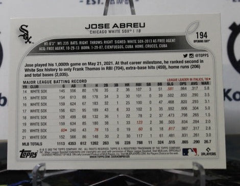2022 TOPPS OPENING DAY JOSE ABREU # 194 CHICAGO WHITE SOX BASEBALL