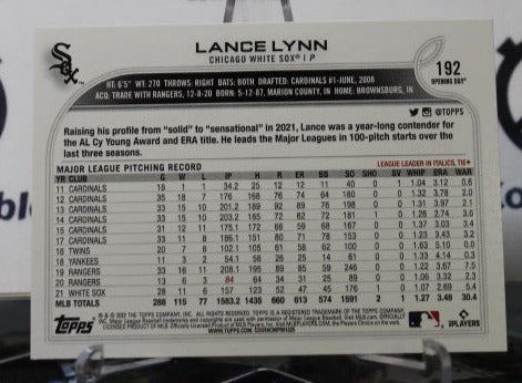 2022 TOPPS OPENING DAY LANCE LYNN # 192 CHICAGO WHITE SOX BASEBALL