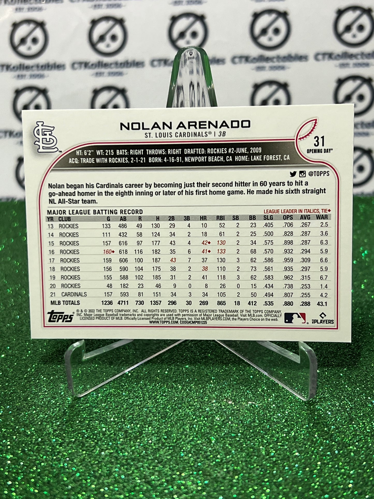 2022 TOPPS OPENING DAY NOLAN ARENADO # 31 ST. LOUIS CARDINALS BASEBALL