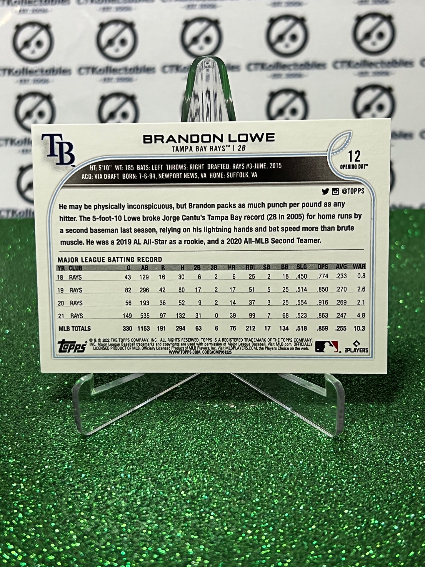 2022 TOPPS OPENING DAY BRANDON LOWE # 12 TAMPA BAY RAYS BASEBALL