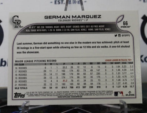 2022 TOPPS OPENING DAY GERMAN MARQUEZ # 66 COLORADO ROCKIES BASEBALL