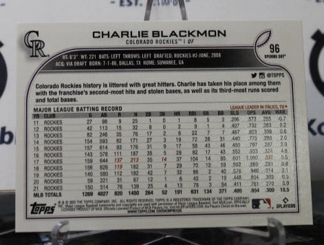 2022 TOPPS OPENING DAY CHARLIE BLACKMON # 96 COLORADO ROCKIES BASEBALL
