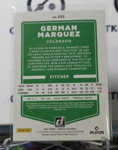 2021 PANINI DONRUSS GERMAN MARQUEZ # 203 INDEPENDENCE DAY COLORADO ROCKIES BASEBALL