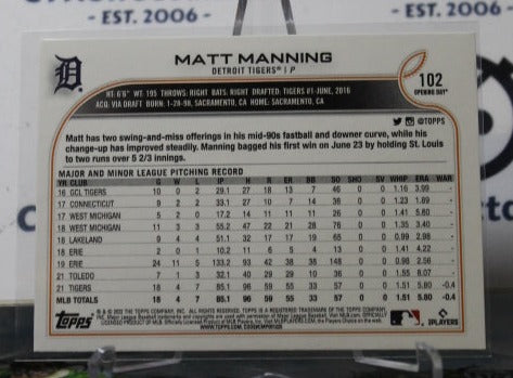 2022 TOPPS OPENING DAY MATT MANNING # 102 ROOKIE DETROIT TIGERS BASEBALL