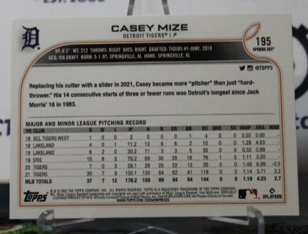2022 TOPPS OPENING DAY CASEY MIZE # 195 DETROIT TIGERS BASEBALL