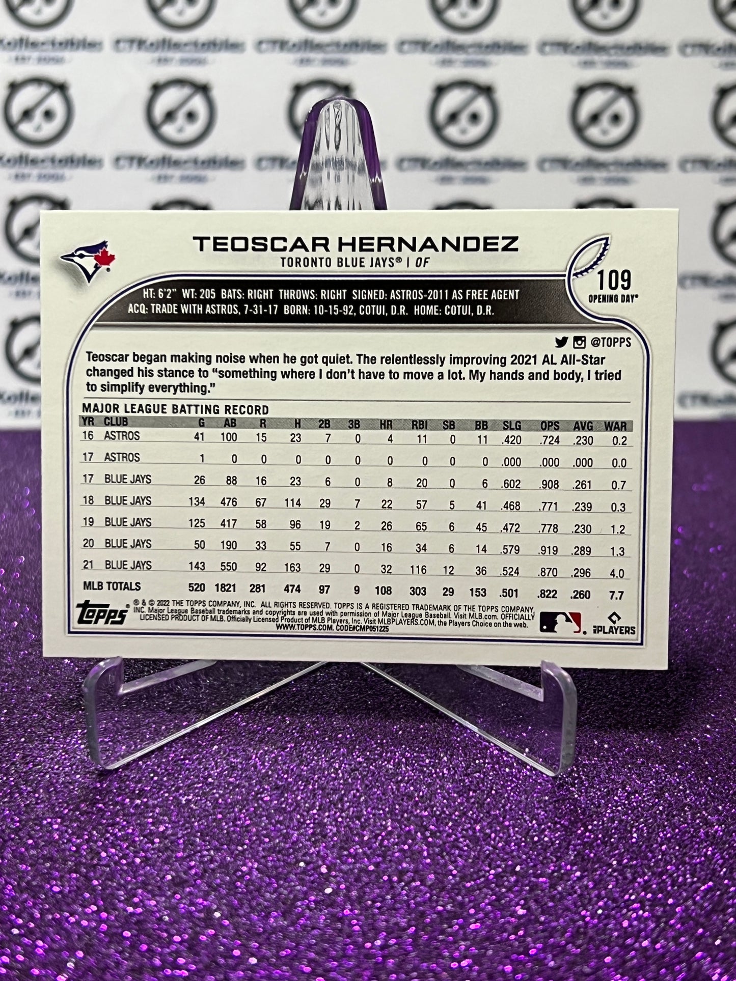 2022 TOPPS OPENING DAY TEOSCAR HERNANDEZ # 109 TORONTO BLUE JAYS BASEBALL