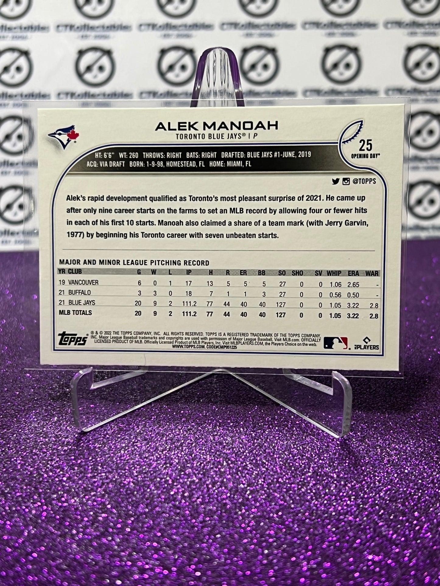 2022 TOPPS OPENING DAY ALEK MANDAH # 25 FUTURE STARS TORONTO BLUE JAYS BASEBALL