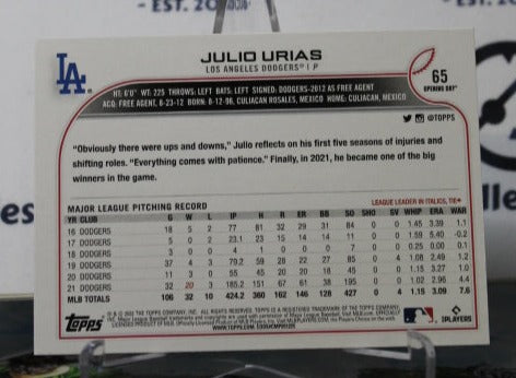 2022 TOPPS OPENING DAY JULIO URIAS # 65 LOS ANGELES DODGERS BASEBALL