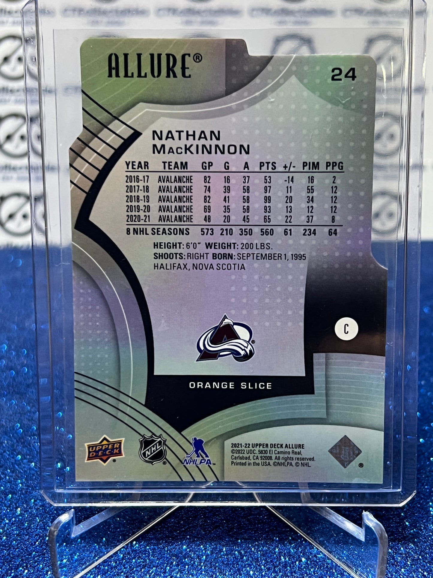 2021-22 UPPER DECK ALLURE NATHAN MACKINNON # 24 DIE CUT ORANGE SLICE COLORADO AVALANCHE NHL HOCKEY TRADING CARD