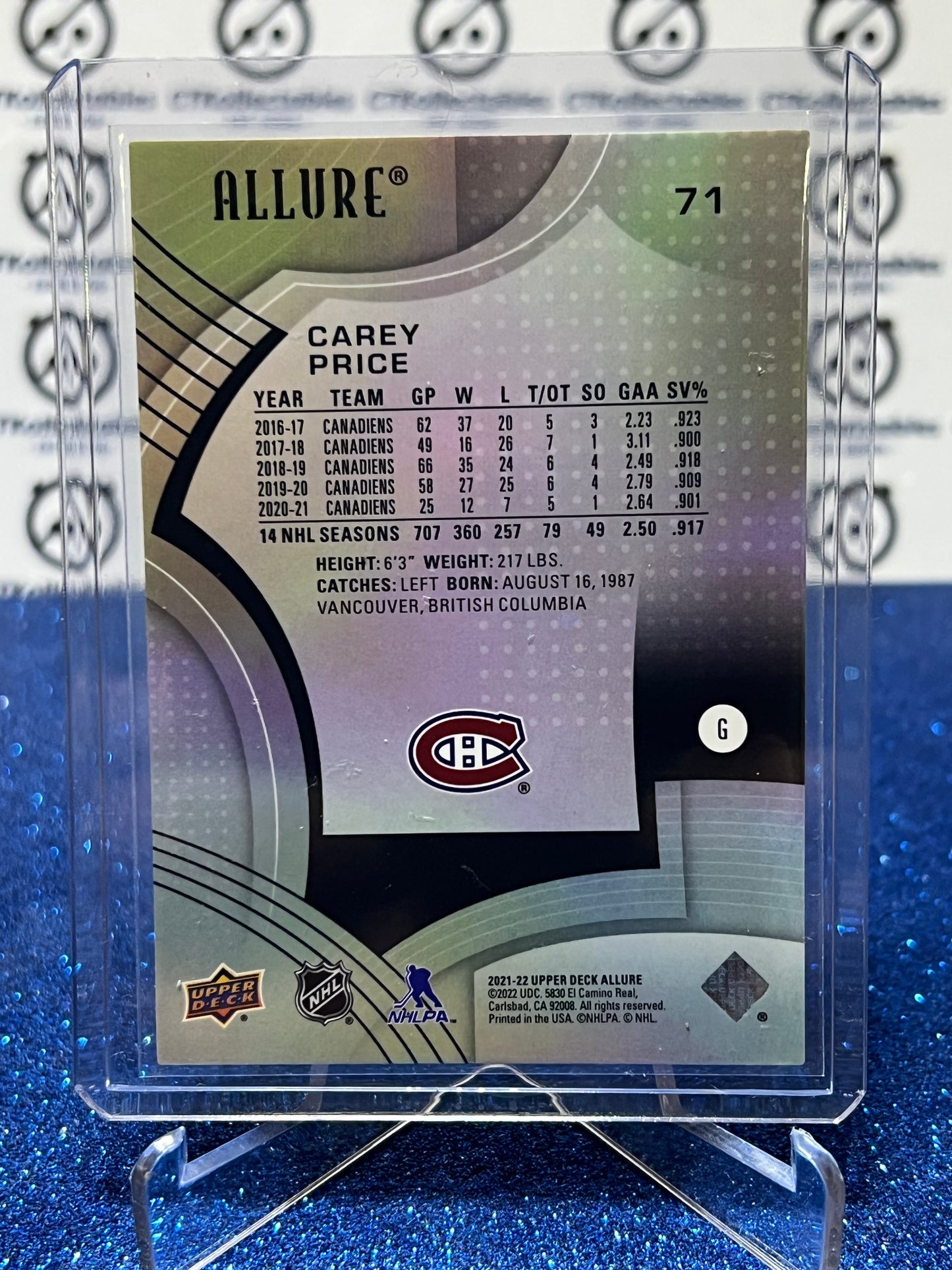 2021-22 UPPER DECK ALLURE CAREY PRICE # 71 MONTREAL CANADIANS HOCKEY CARD