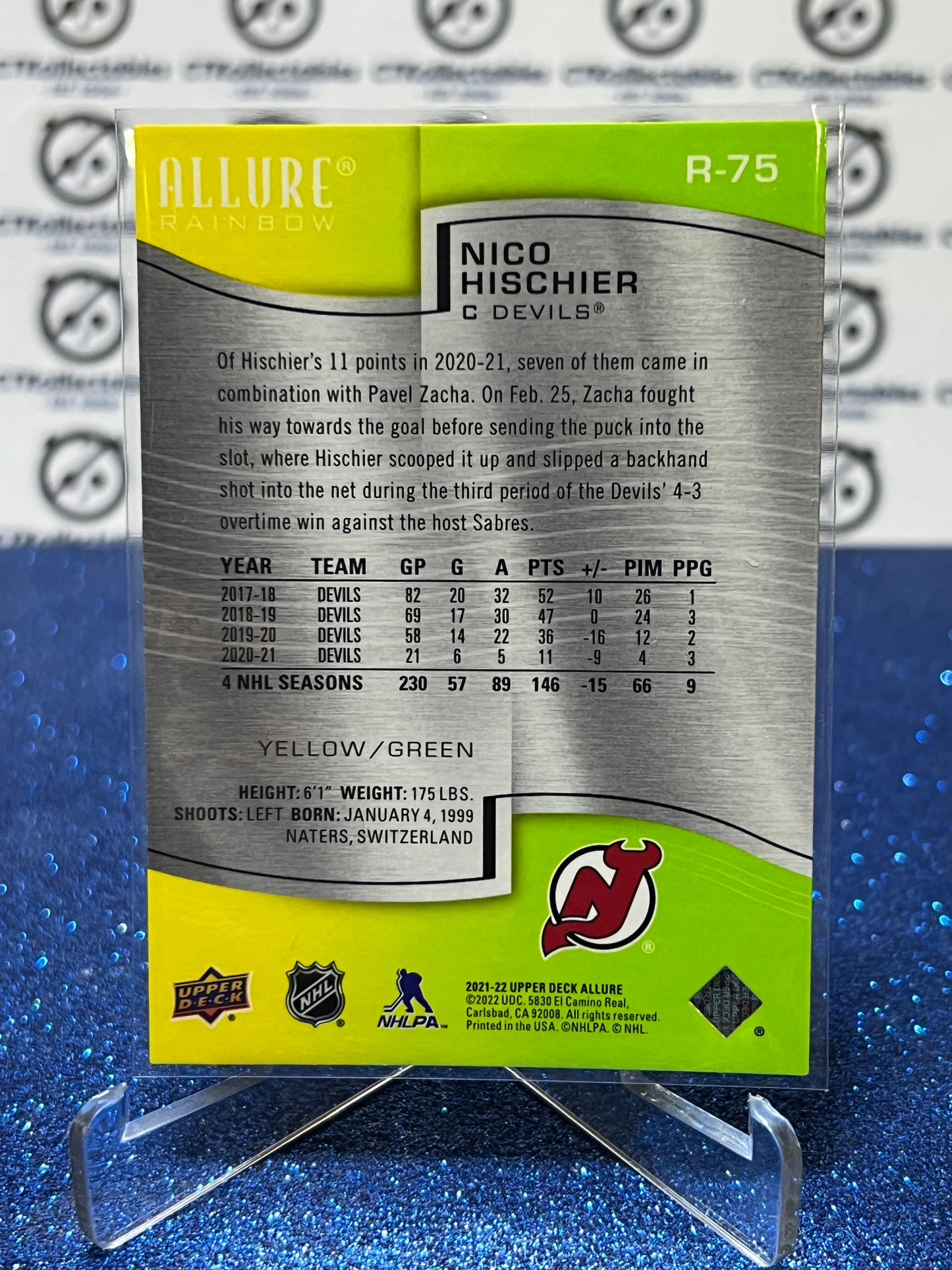 2021-22 UPPER DECK ALLURE NICO HISCHIER # R-75 YELLOW/GREEN NEW JERSEY DEVILS NHL HOCKEY TRADING CARD