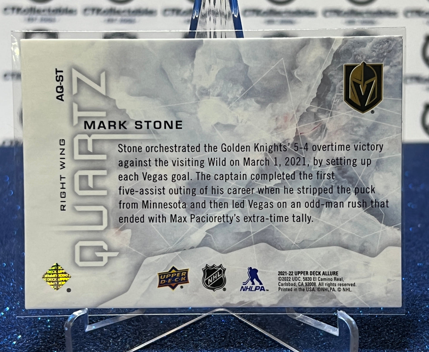 2021-22 UPPER DECK ALLURE MARK STONE # AQ-ST QUARTZ NHL GOLDEN KNIGHTS HOCKEY CARD