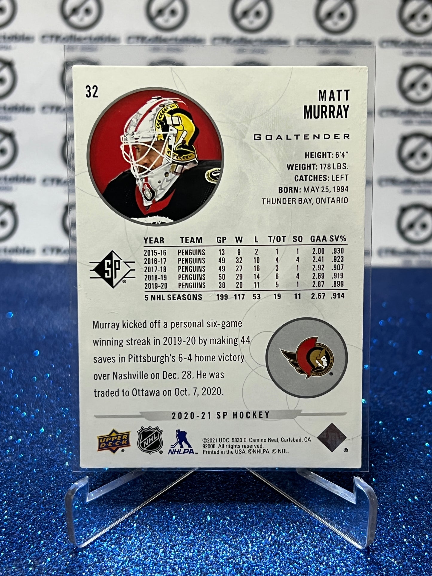 2020-21 UPPER DECK SP MATT MURRAY # 32 OTTAWA SENATORS HOCKEY CARD