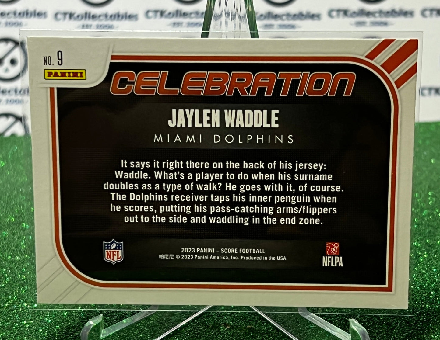 2023 PANINI SCORE JAYLEN WADDLE # 9 CELEBRATION NFL MIAMI DOLPHINS GRIDIRON CARD