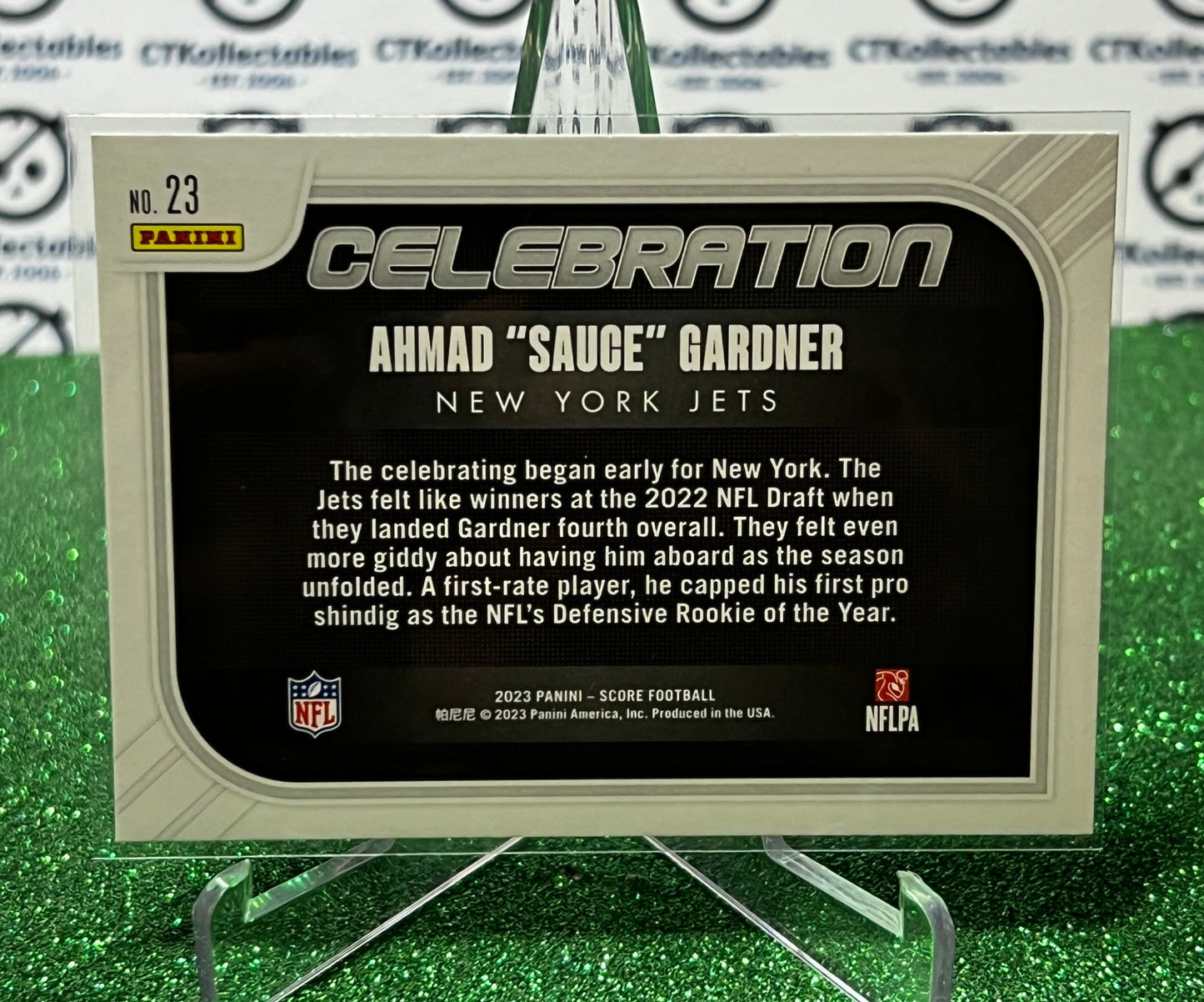 2023 PANINI SCORE AHMAD "SAUCE" GARDNER # 23 CELEBRATION NFL NEW YORK JETS GRIDIRON CARD