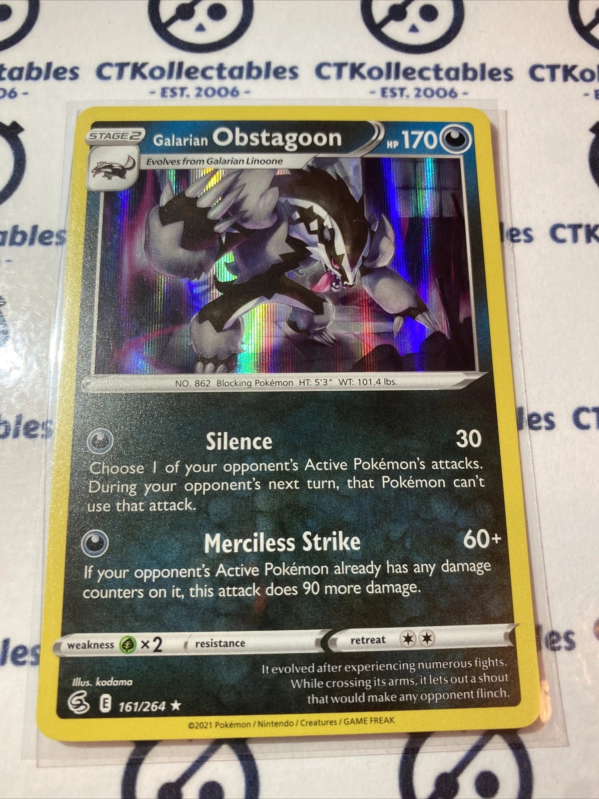 Galarian Obstagoon Holo Rare #161/264 Fusion Strike Pokemon Card