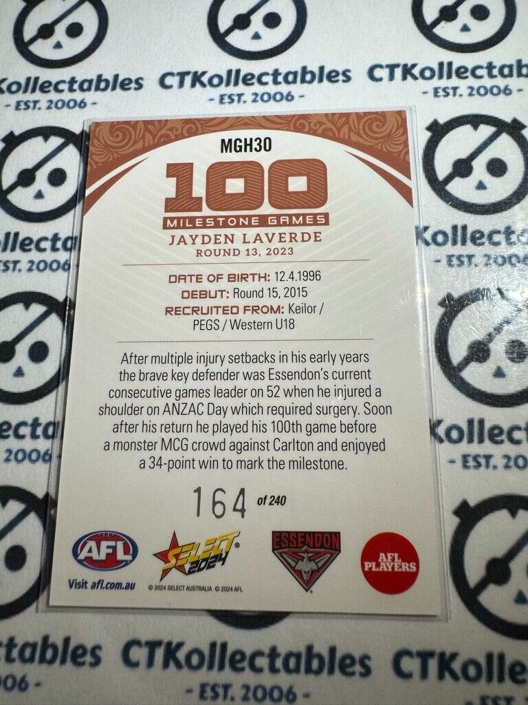2024 AFL Footy Stars Milestone Games Hobby Jayden Laverde 164/240 Bombers
