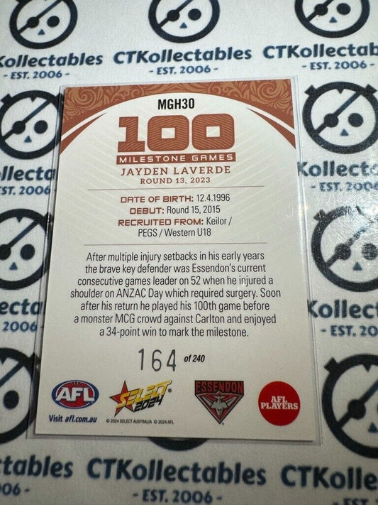 2024 AFL Footy Stars Milestone Games Hobby Jayden Laverde 164/240 Bombers