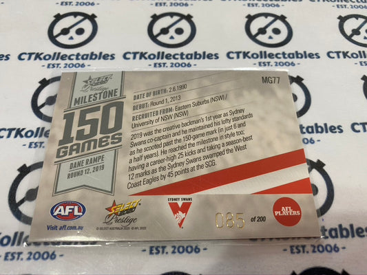 2020 AFL Prestige Milestone 150 games Dane Rampe #085/200 Swans