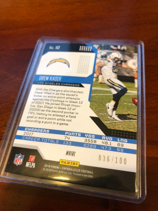Drew Kaser Rookie Card "Whirl #036/100 2018 NFL Unparalleled