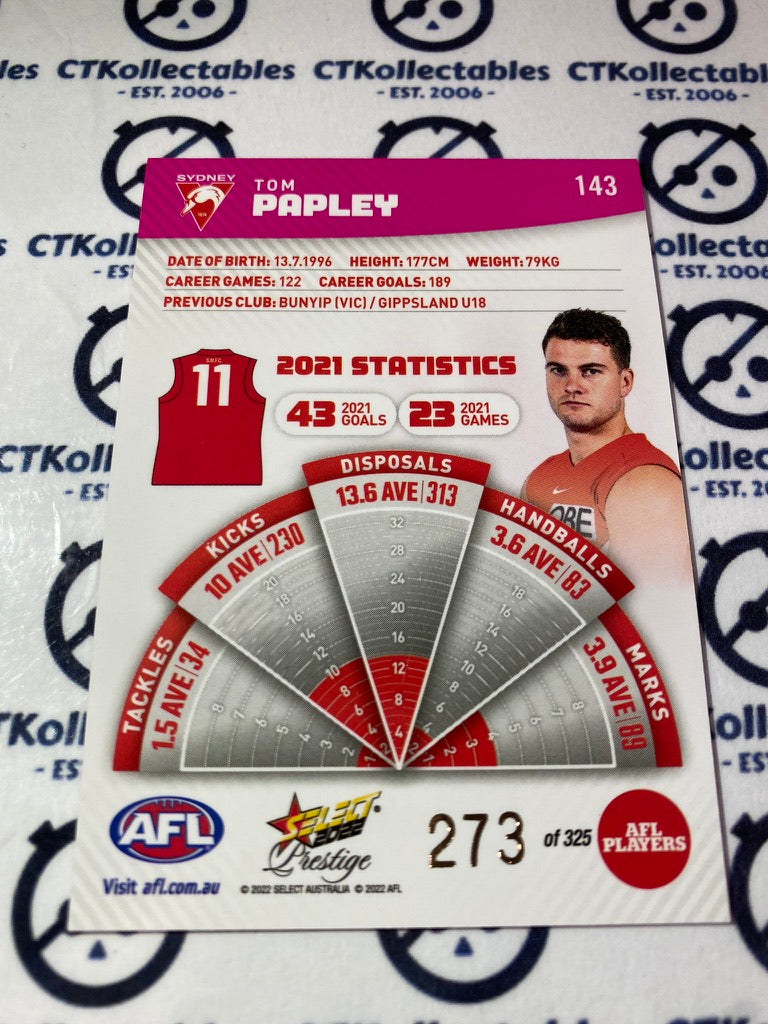 2022 AFL Footy Stars Prestige Tom Papley Pink Parallel #273/325 Swans