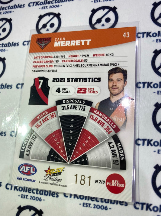 2022 AFL Footy Stars Prestige Zach Merrett Orange Parallel #181/210 Bombers