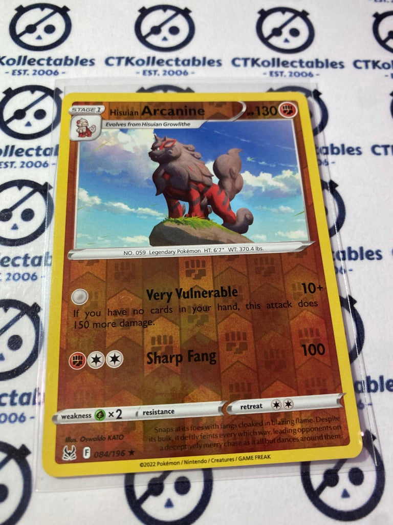 Hisuian Arcanine Reverse Holo Rare #084/196 2022 Sword & Shield Lost Origin Pokemon Card