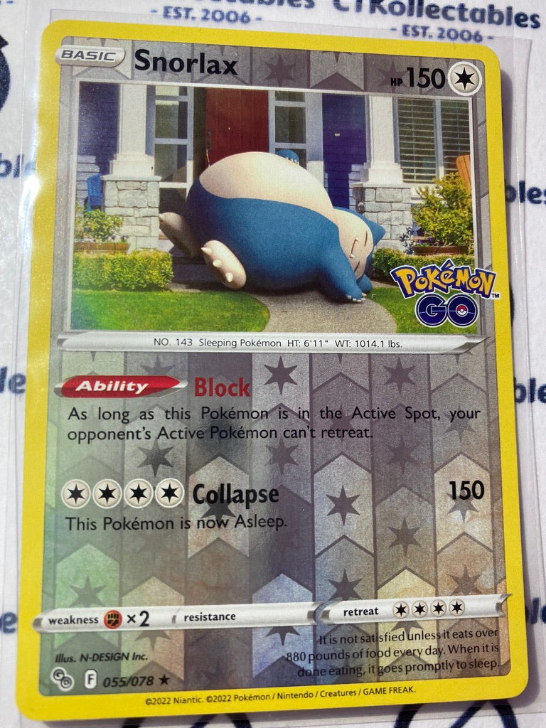 Snorlax Reverse Holo Rare Card #055/078 2022 Sword & Shield Pokemon Go Pokemon Card