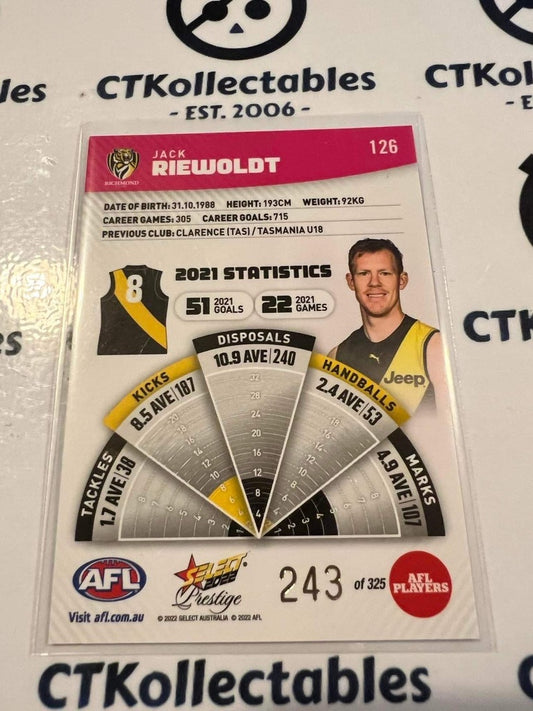 2022 AFL Footy Stars Prestige Jack Riewoldt Pink Parallel #243/325 Tigers