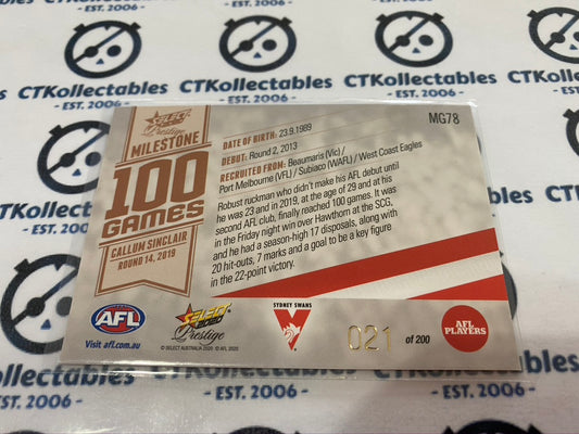 2020 AFL Prestige Milestone 100 games Callum Sinclair #021/200 Swans