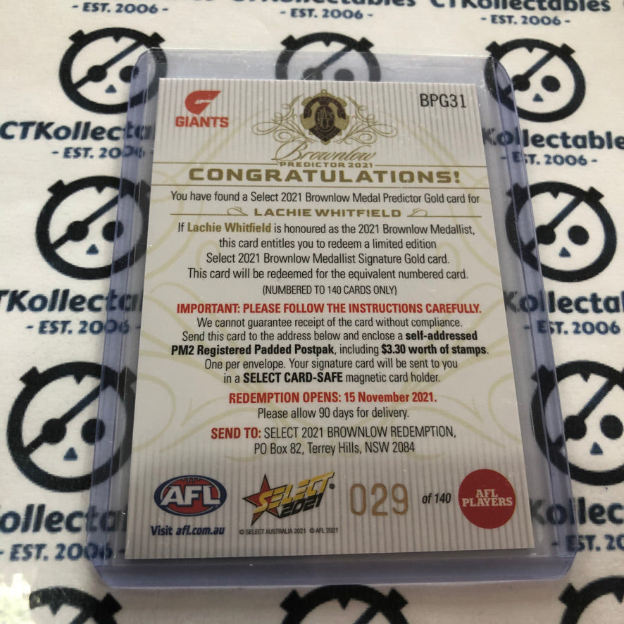 2021 AFL Footy Stars Lachie Whitfield Brownlow Predictor #029/140