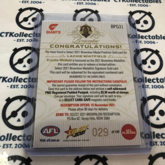 2021 AFL Footy Stars Lachie Whitfield Brownlow Predictor #029/140