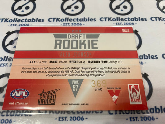 2011 AFL Infinity Draft Rookie Alex Johnson #369/400 DR32 Swans