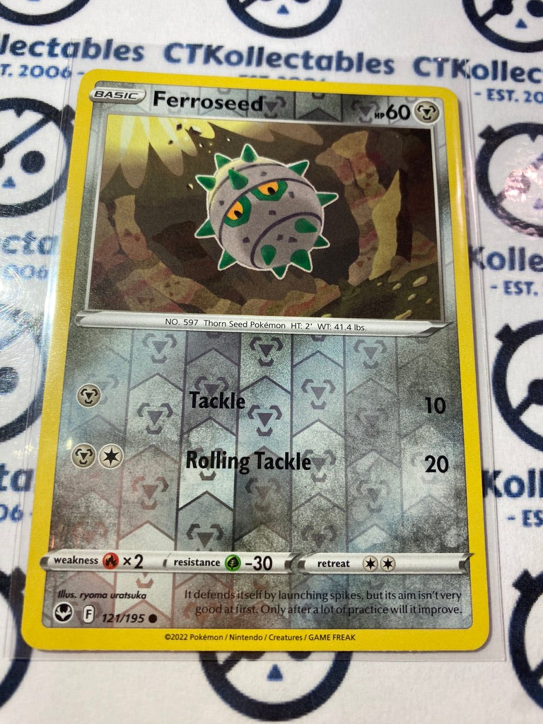Ferroseed Reverse Holo #121/195 2022 Sword & Shield Silver Tempest Pok CTKollectables Ferroseed Reverse Holo #121/195 2022 Sword & Shield Silver Tempest Pok CTKollectables