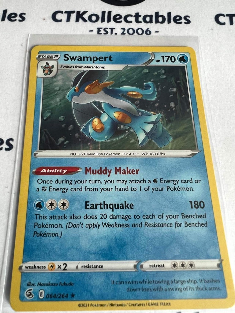 Swampert Holo Rare Card #064/264 2021 Sword & Shield Fusion Strike Pok CTKollectables Swampert Holo Rare Card #064/264 2021 Sword & Shield Fusion Strike Pok CTKollectables