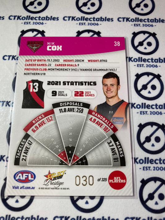 2022 AFL Footy Stars Prestige Nik Cox Pink Parallel #030/325 Bombers