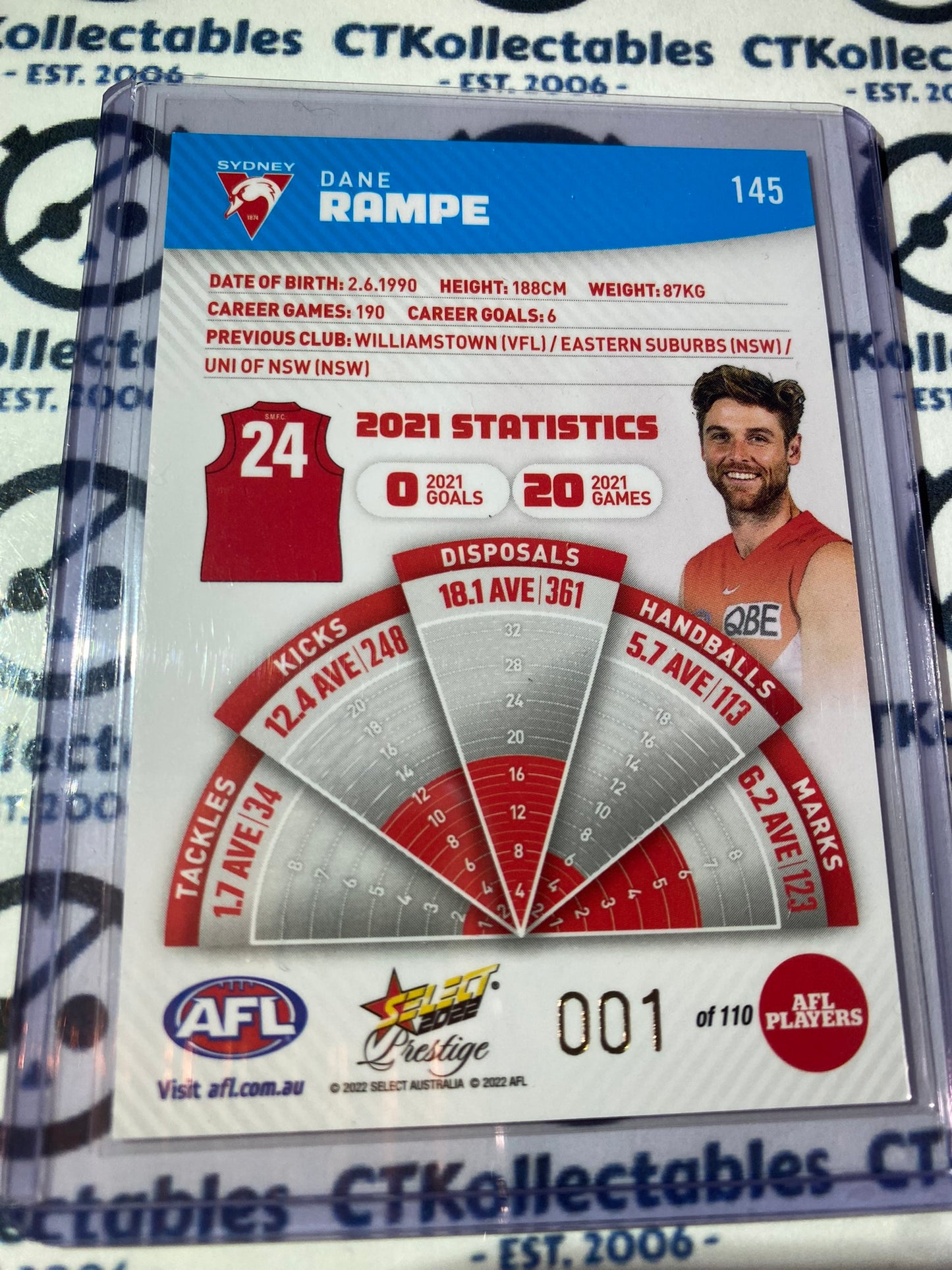 2022 AFL Footy Stars Prestige Dane Rampe Blue Parallel #001/110 LOWEST NUMBER Swans