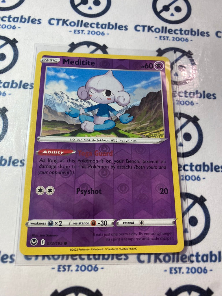 Meditite Reverse Holo #072/195 2022 Sword & Shield Silver Tempest Pokemon Card