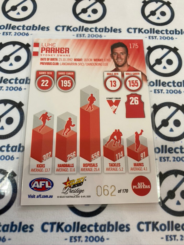 2020 AFL Prestige Red Parallel #175 Luke Parker #062/170 Swans