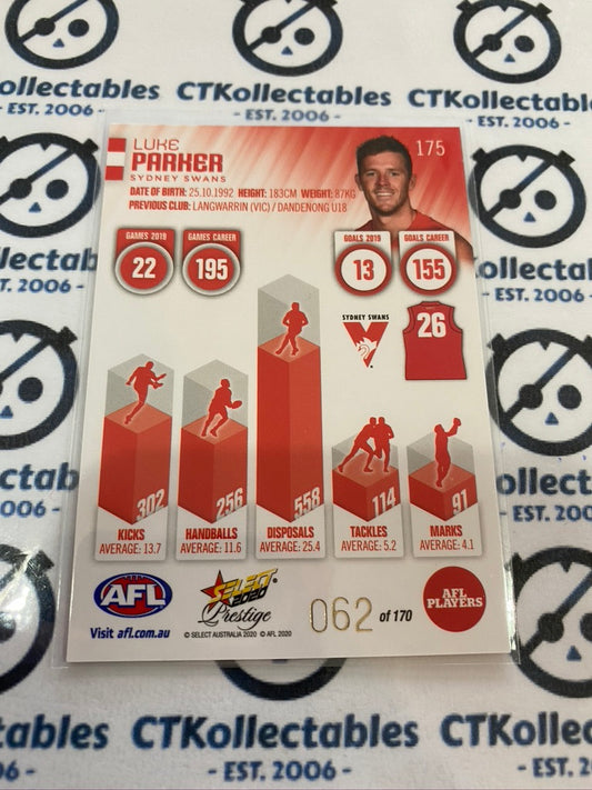 2020 AFL Prestige Red Parallel #175 Luke Parker #062/170 Swans