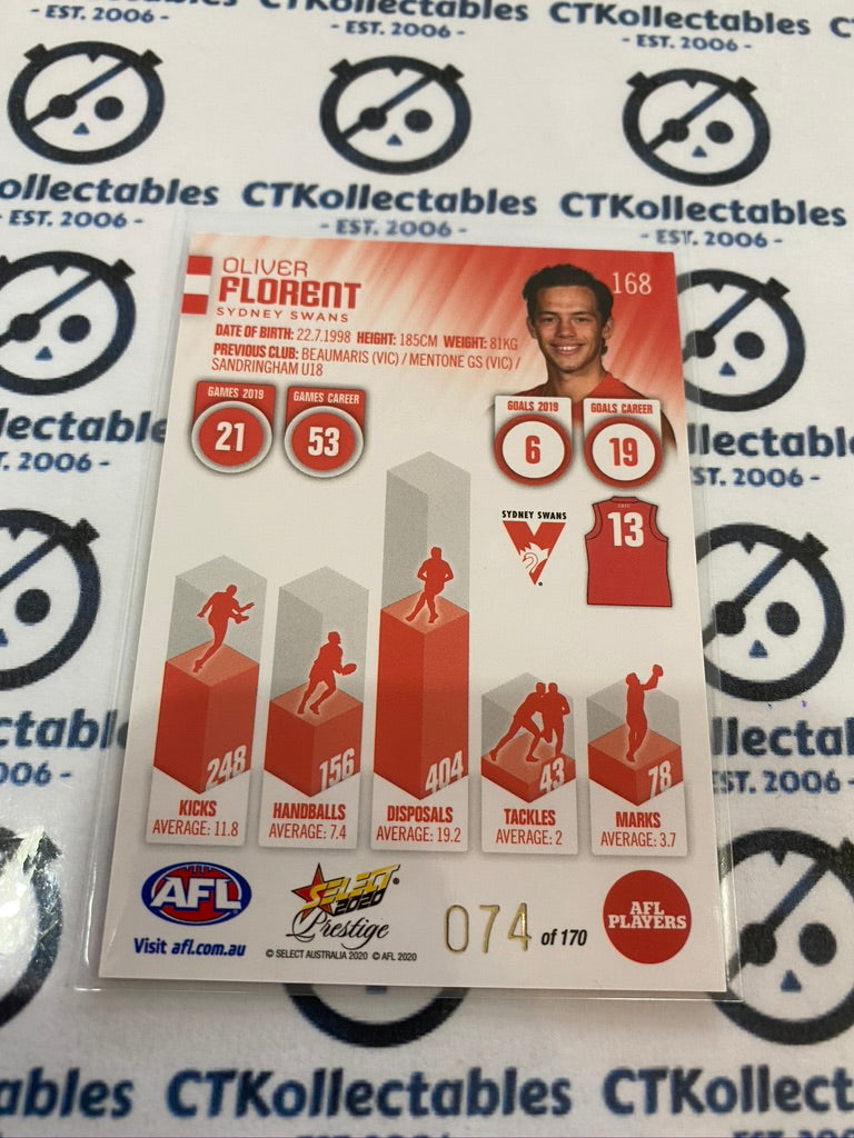 2020 AFL Prestige Red Parallel #168 Oliver Florent #074/170 Swans