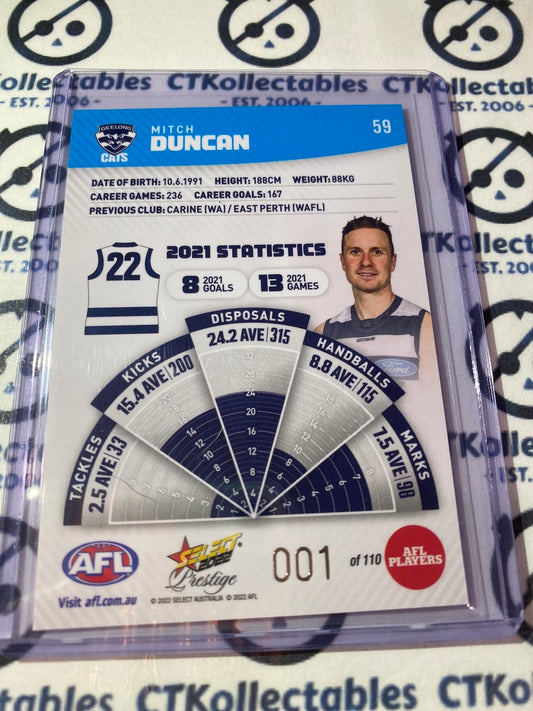 2022 AFL Footy Stars Prestige Mitch Duncan Blue Parallel #001/110 LOWEST NUMBER Cats